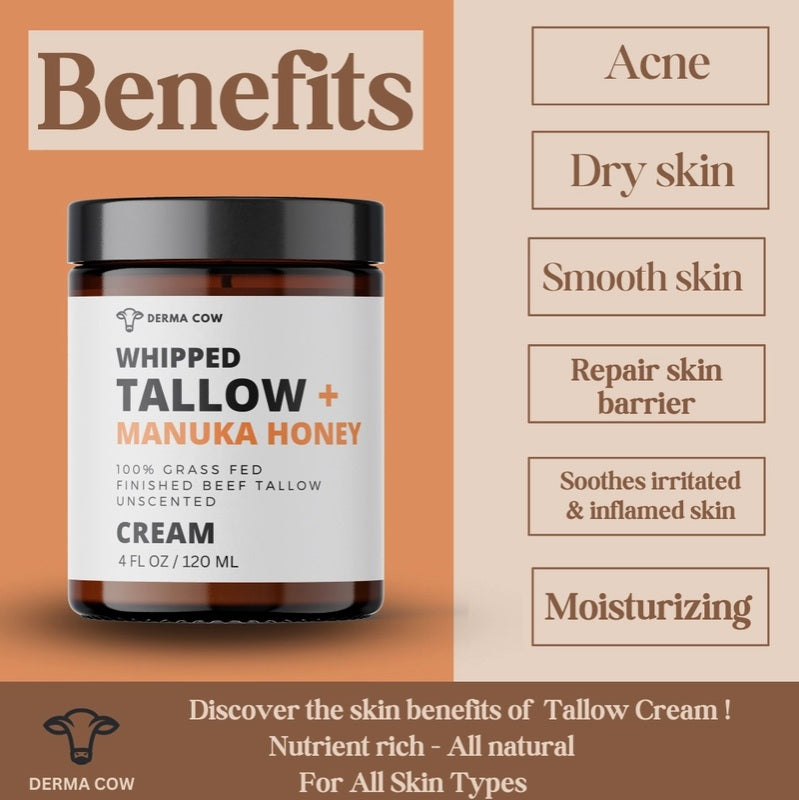 Whipped Tallow + Manuka Honey Cream, For Face and Body - Serene Beauty